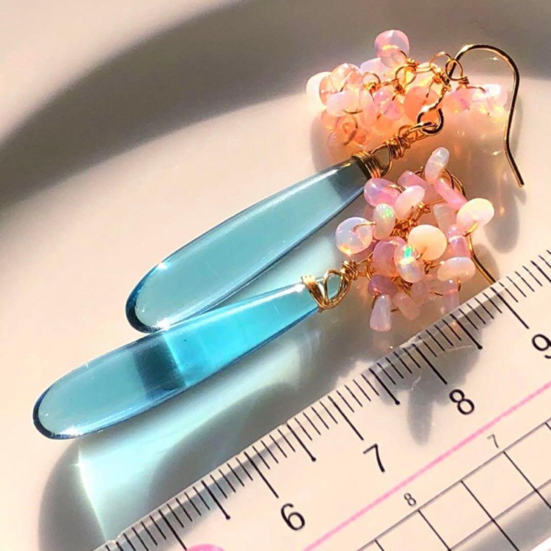 天然石♡桜プレシャスオパール×ティールブルーのピアス14kgf