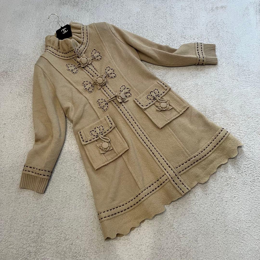 美品　インポートロッサ　ウールロングコート　花ボタン　ステッチ　キャメル　42