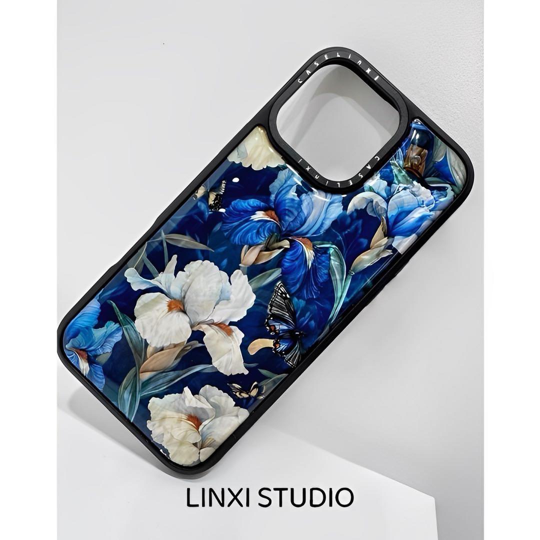 天然シェル♡キラキラ アイリス柄 ブルー オリジナルiPhoneケース フラワー