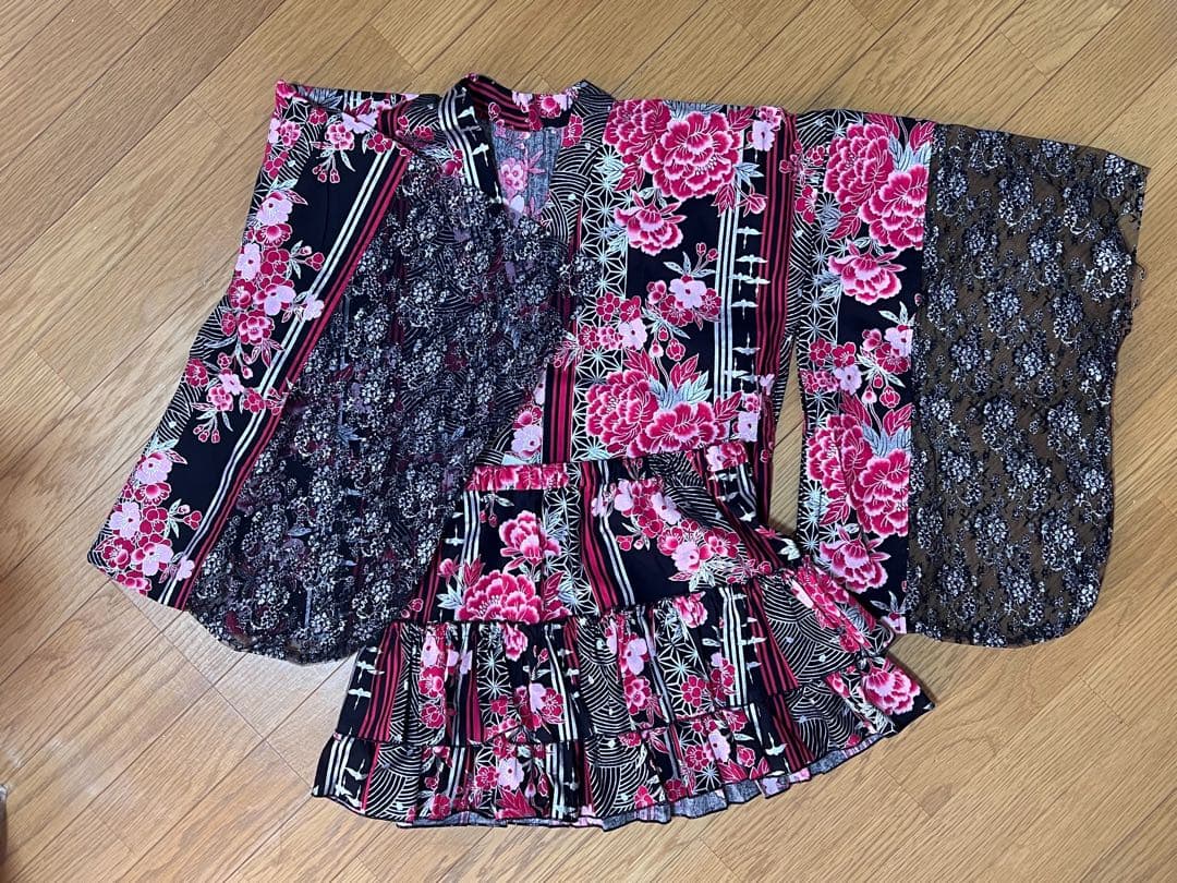 浴衣ドレス　④赤ピンク×黒シルバーレース　地雷系　量産型　y2k　平成