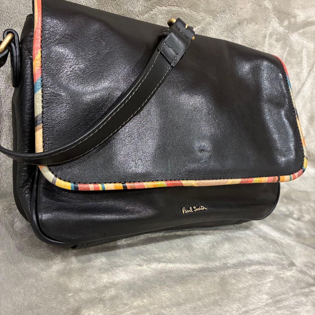 ポールスミス ショルダーバッグ クラシックマルチストライプ シボ革 レザー 黒