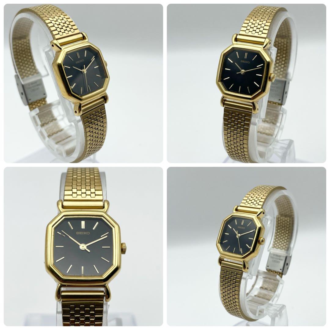 セイコー レディース腕時計 ゴールド オクタゴン ブラック文字盤 クォーツ 稼働