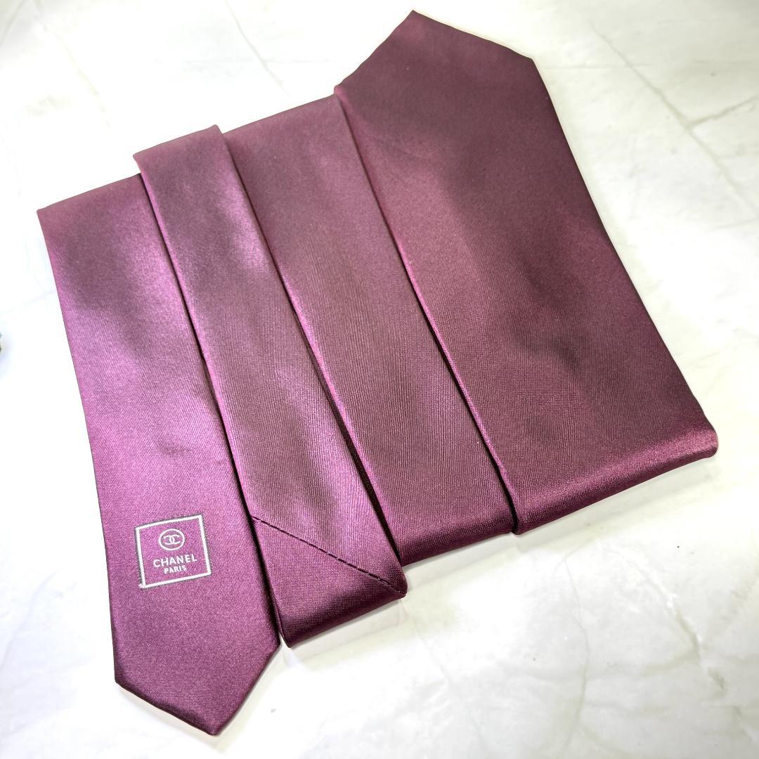 ☆即発 CHANEL ネクタイ フラワー 刺繍 ココマーク ボルドー 高級シルク