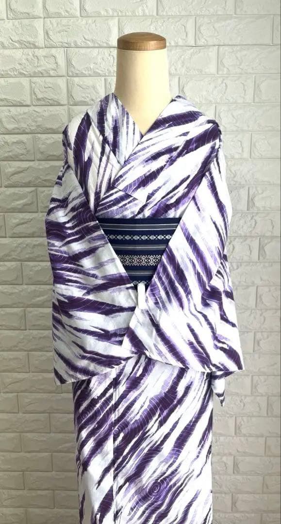 【新品未使用】浴衣 単衣着物 普段着物 モダン柄 紫白 トールサイズ 裄長