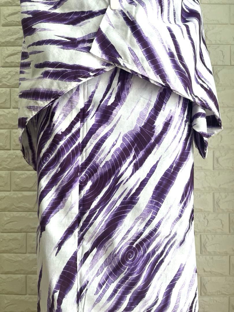 【新品未使用】浴衣 単衣着物 普段着物 モダン柄 紫白 トールサイズ 裄長