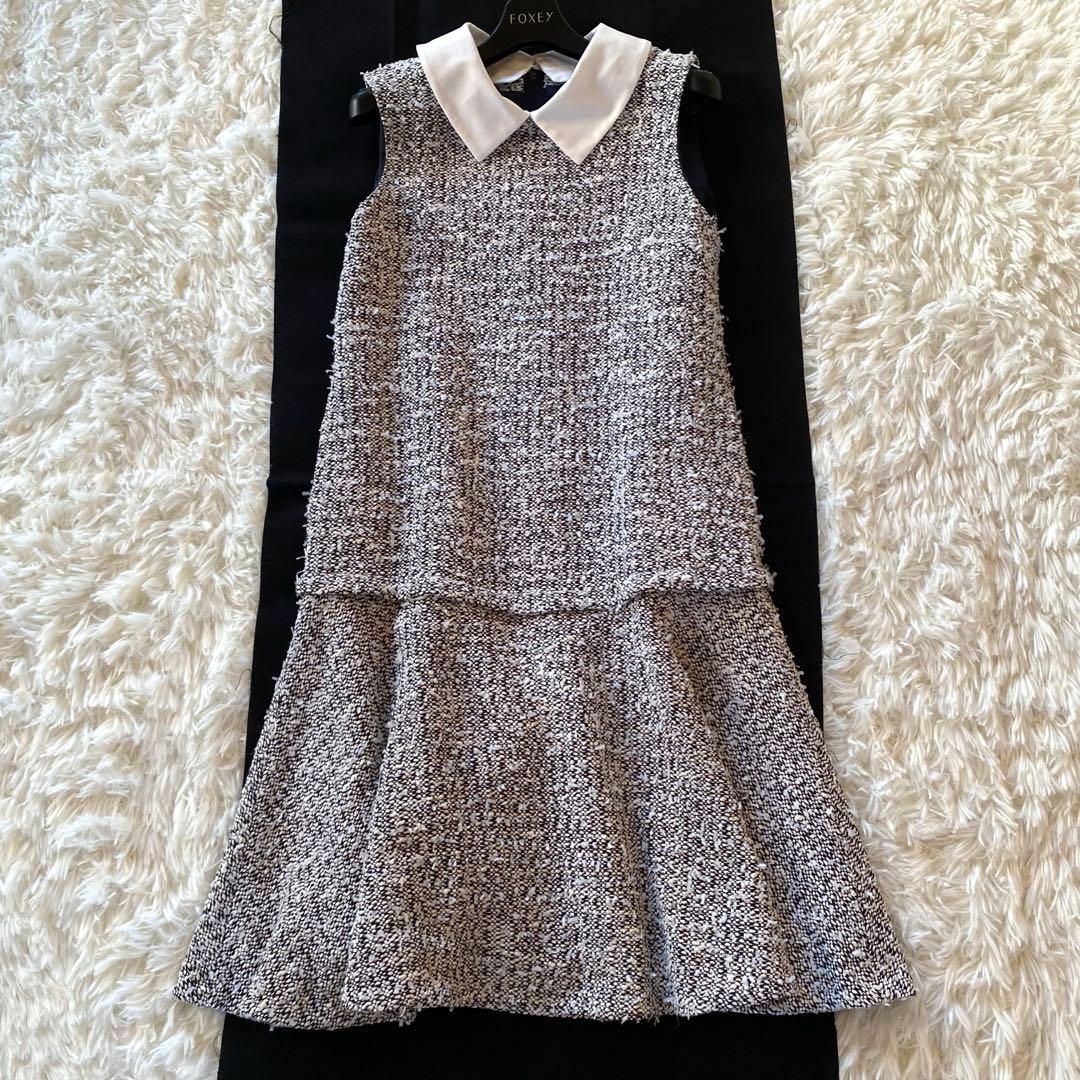 近年・2way✨フォクシー　ツイードワンピース　白襟　ノースリーブ　ティアード