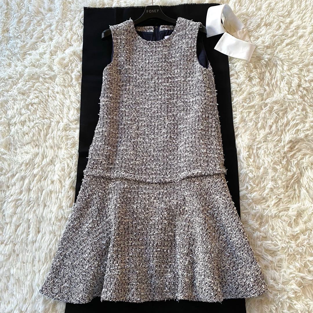 近年・2way✨フォクシー　ツイードワンピース　白襟　ノースリーブ　ティアード