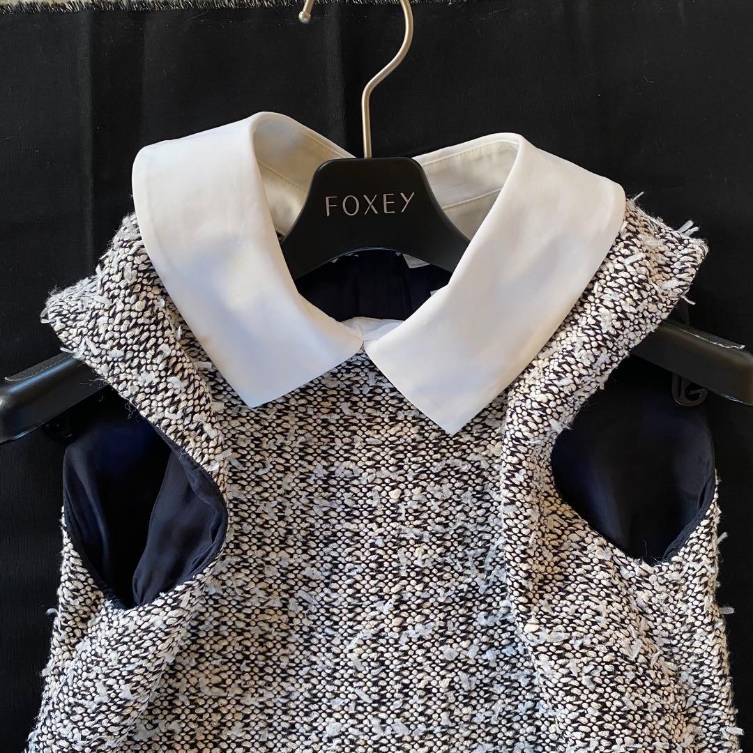 近年・2way✨フォクシー　ツイードワンピース　白襟　ノースリーブ　ティアード