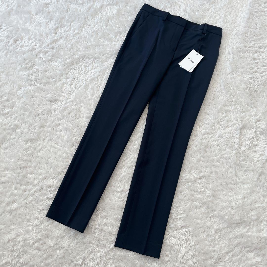 【極美品】セオリー ノーカラーパンツスーツセットアップ ネイビー S タグ付き