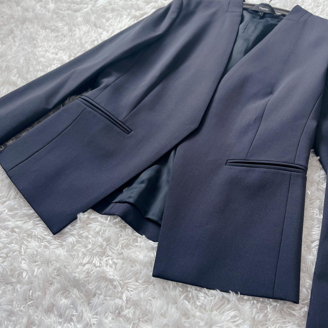 【極美品】セオリー ノーカラーパンツスーツセットアップ ネイビー S タグ付き