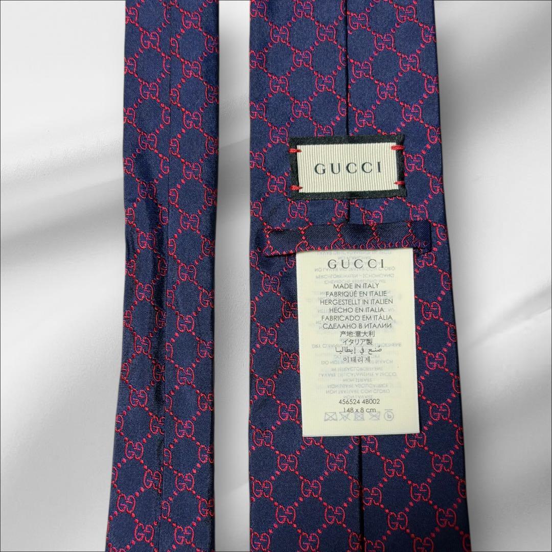 【超美品】グッチ 現行 ロゴ総柄 GG柄 ネイビー レッド メンズ ネクタイ