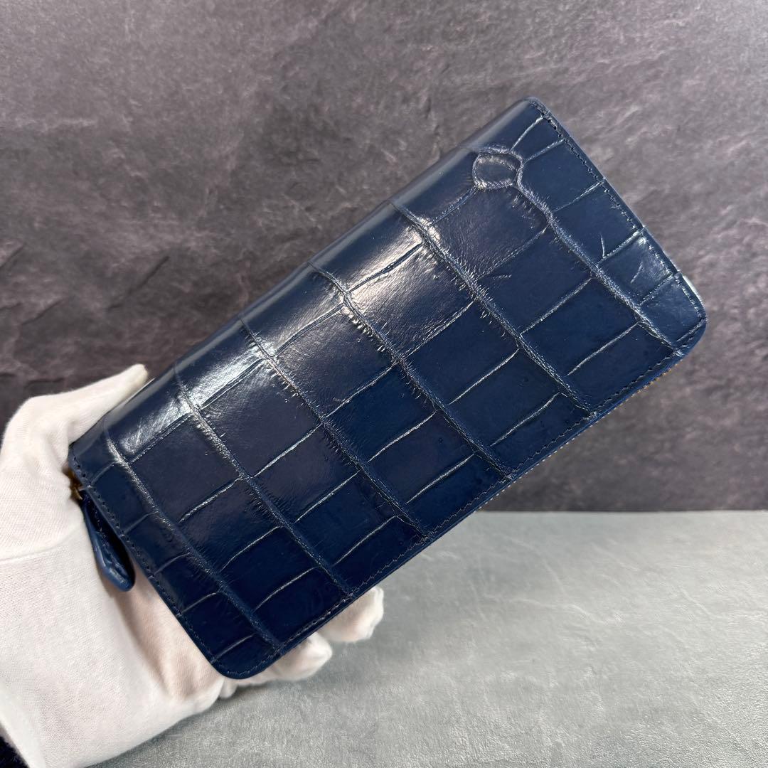 新品 クロコダイル ワニ革 長財布 ネイビー 紺色 マット仕上げ 本革