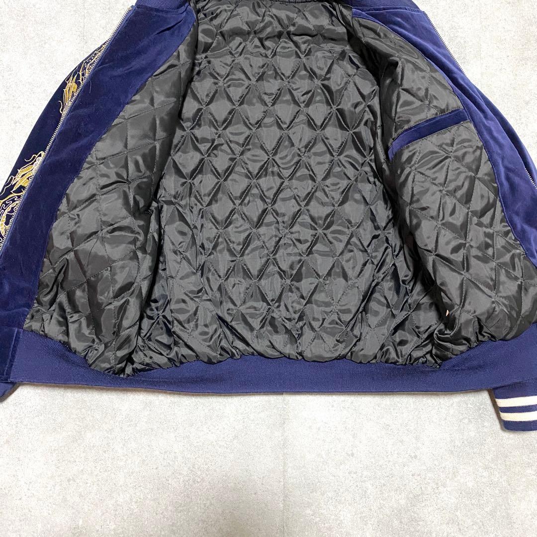 希少　スカジャン　別珍　ベロア　鷹　龍　Mサイズ　ネイビー