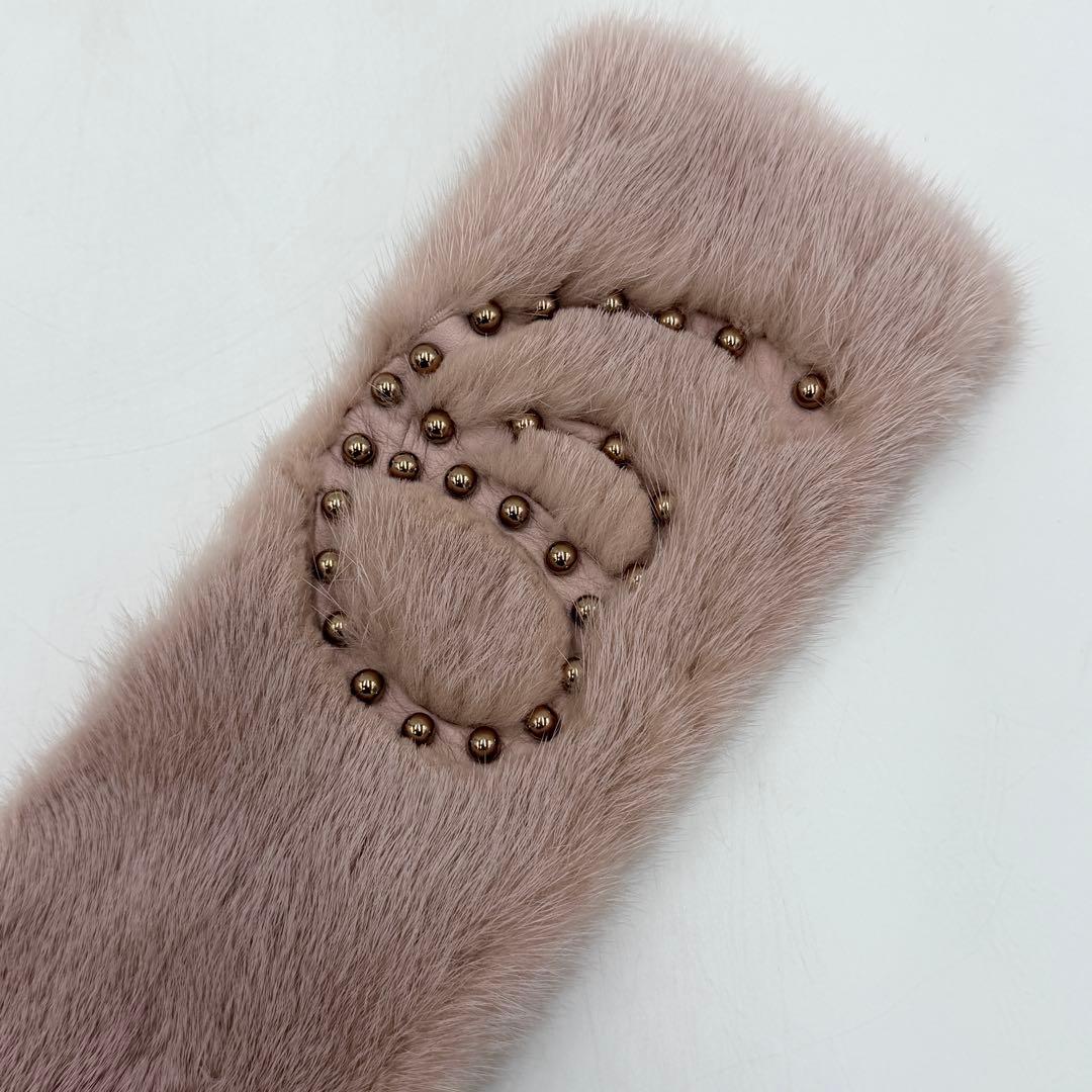 【極美品】フェンディ ティペット ミンクファー 毛皮 スタッズ リボン ピンク
