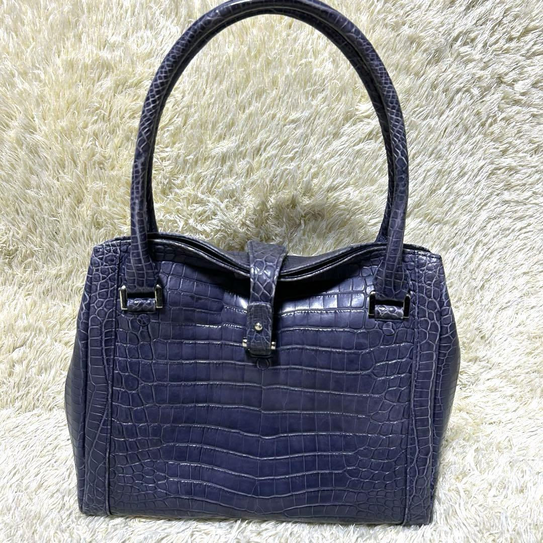 【美品】Genuine Crocodile Skin ハンドバッグ　ブルー　本革