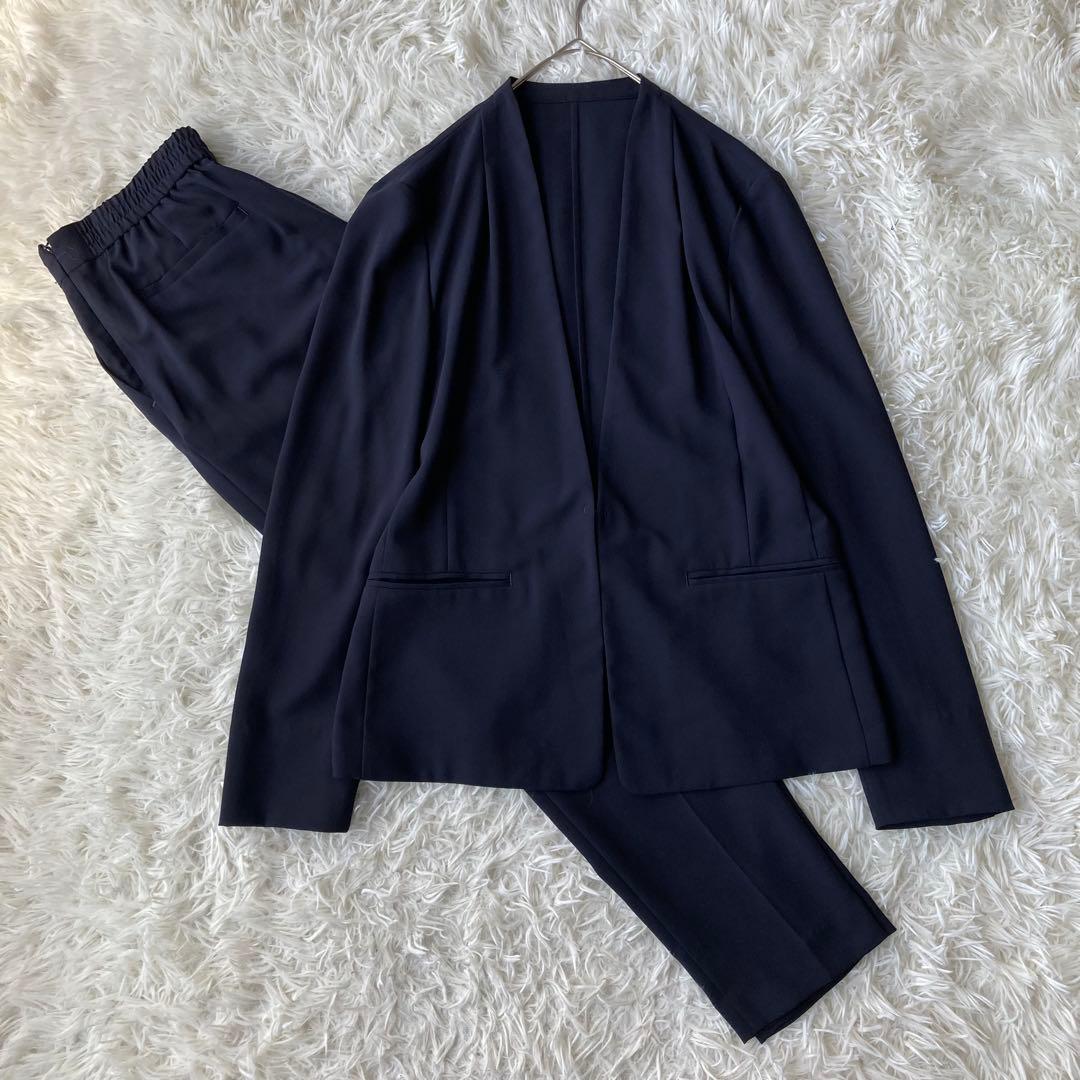 【美品】 グリーンレーベルリラクシング ノーカラー パンツスーツ ネイビー 40