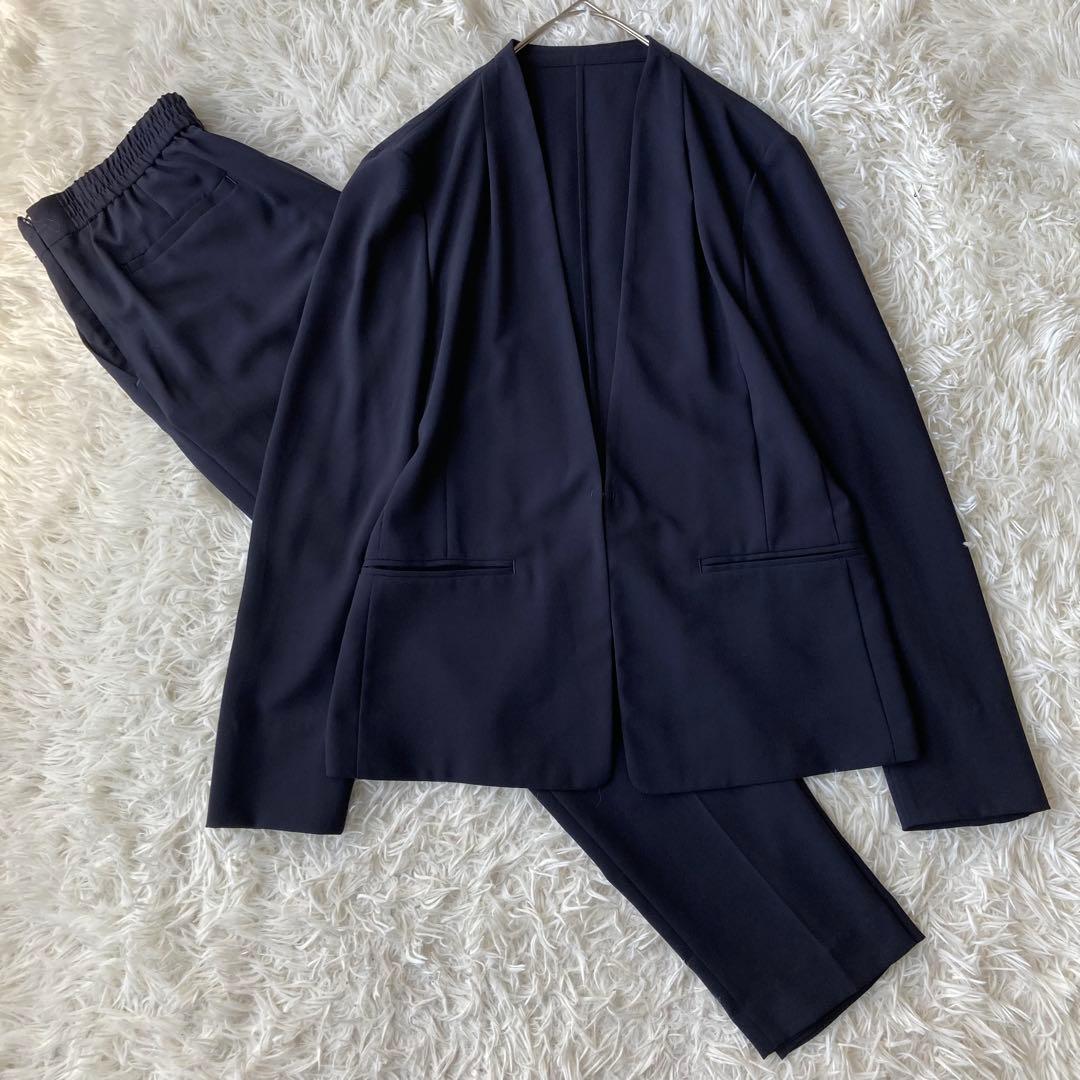 【美品】 グリーンレーベルリラクシング ノーカラー パンツスーツ ネイビー 40