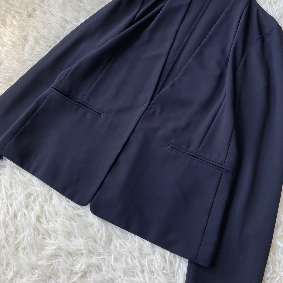 【美品】 グリーンレーベルリラクシング ノーカラー パンツスーツ ネイビー 40