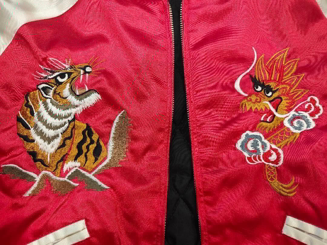 80's〜90's スカジャン 虎と龍 赤 L　TALONジッパー　ロカビリー