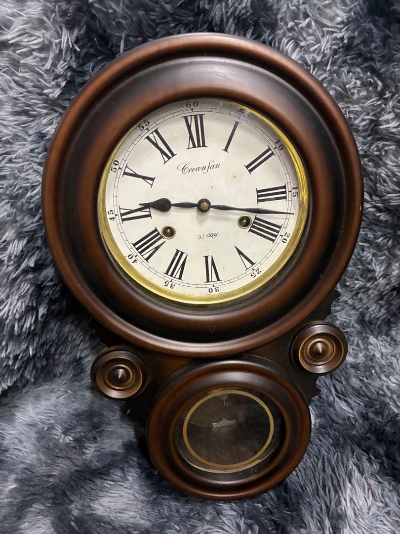 B）希少 アンティーク柱時計 愛工社CROWNFAN ダルマ四つ丸 31day