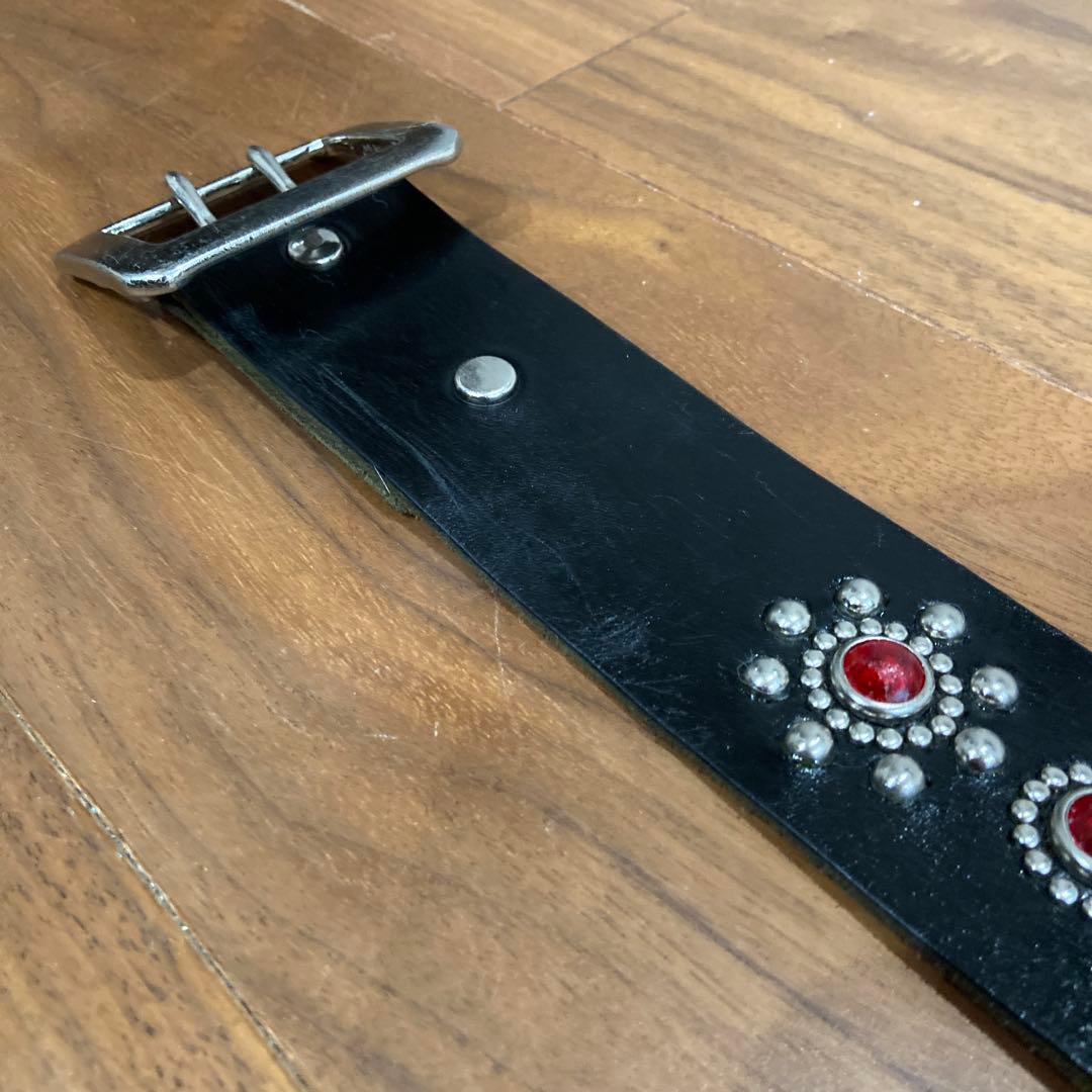 希少美品 TMT スタッズベルト ブラックレザー×レッドストーン HTC