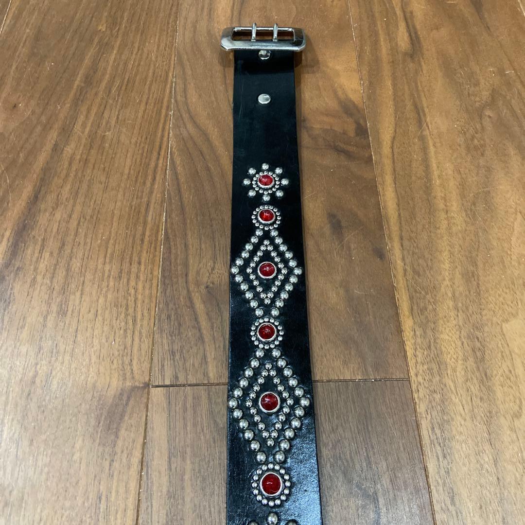 希少美品 TMT スタッズベルト ブラックレザー×レッドストーン HTC