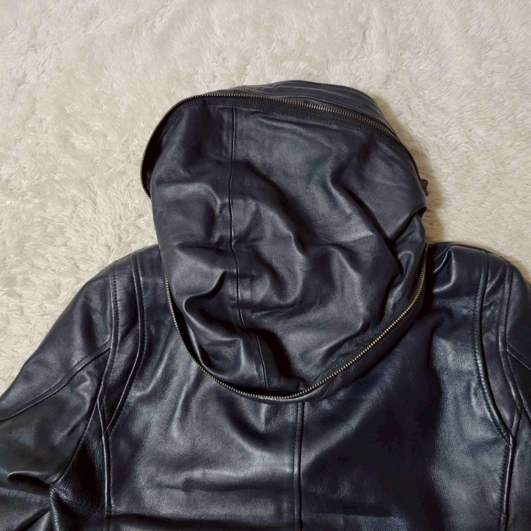 美品✨　キャサリンハムネットロンドン　シングルライダース　フード　羊革　紺　L