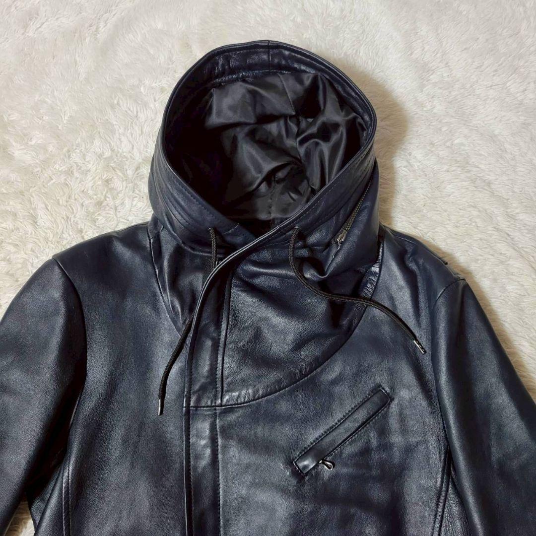 美品✨　キャサリンハムネットロンドン　シングルライダース　フード　羊革　紺　L