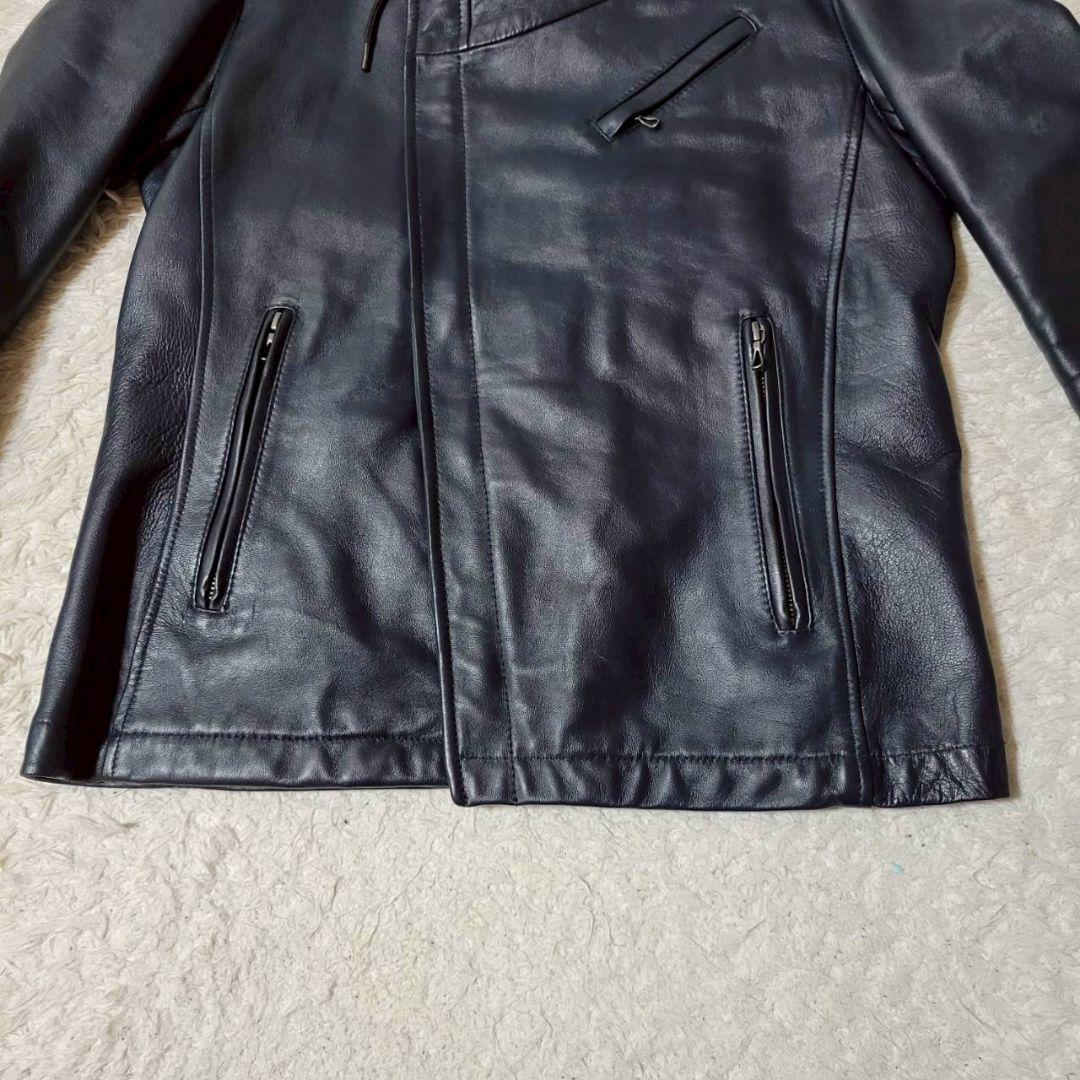 美品✨　キャサリンハムネットロンドン　シングルライダース　フード　羊革　紺　L