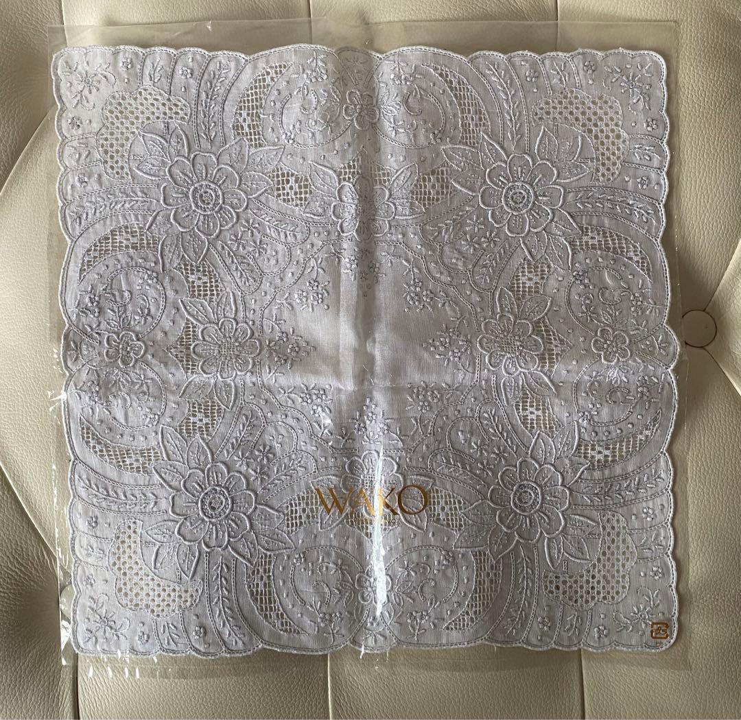 未使用！銀座WAKO スワトウ刺繍 花柄レース ハンカチ