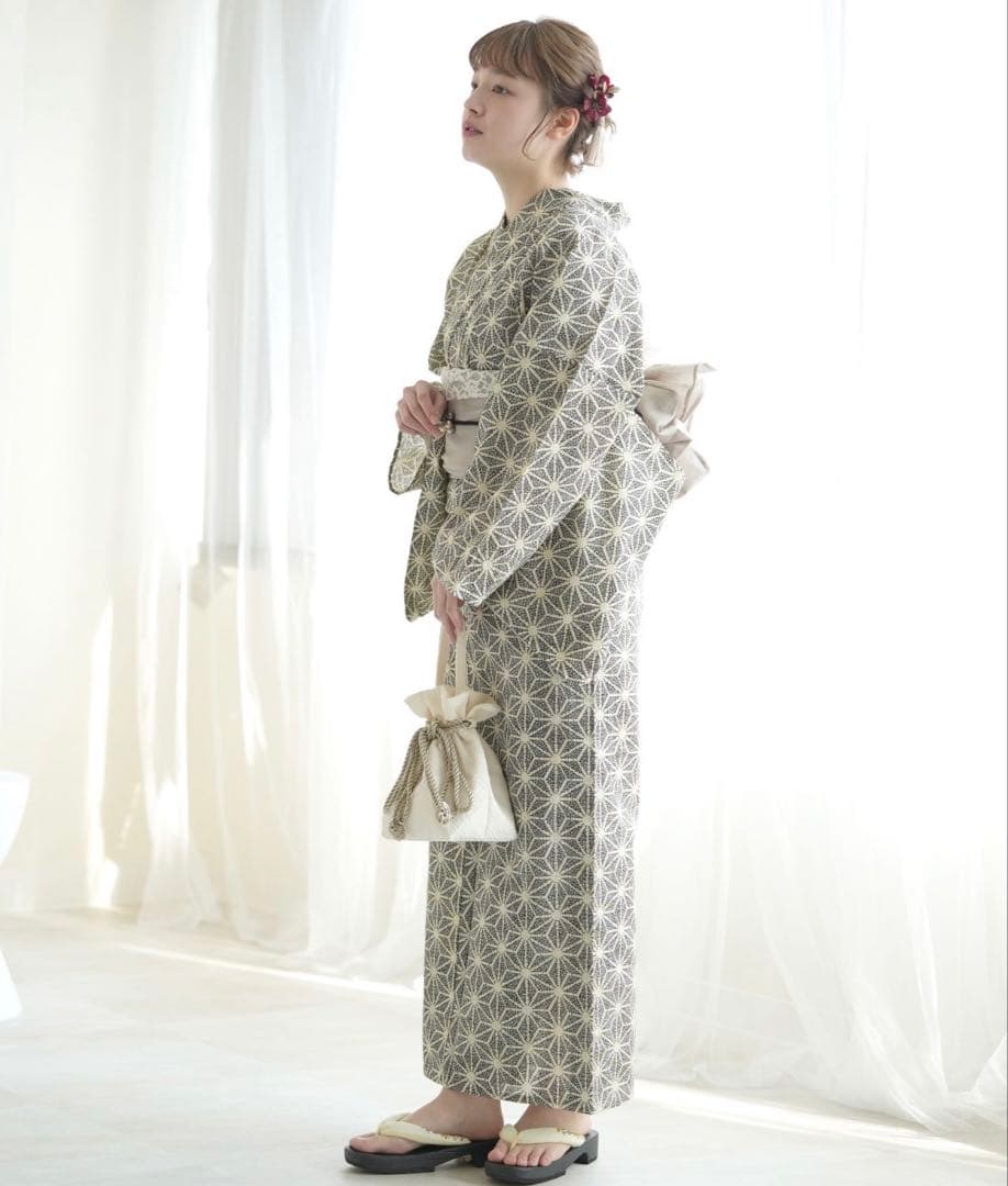 utatane 浴衣3点セット 綿麻 モノクロ点描麻の葉