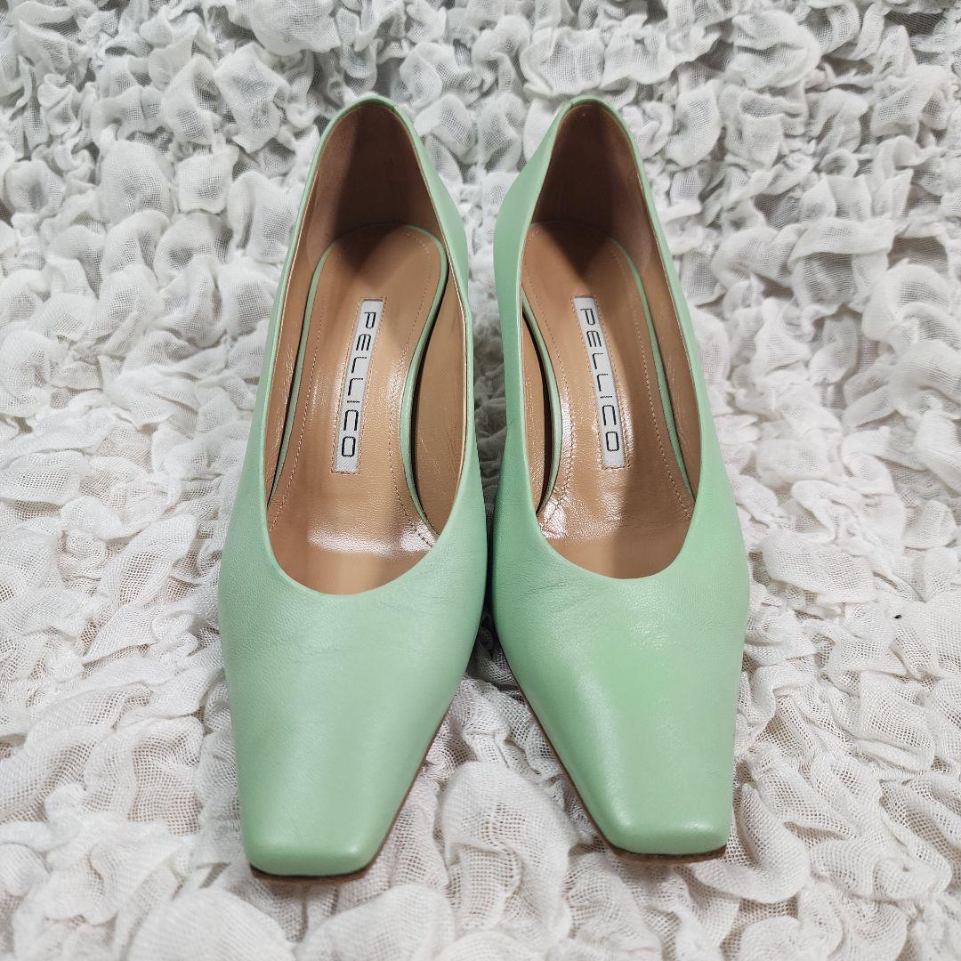 美品 ペリーコ ダマ スクエアトゥ レザー パンプス ムーングリーン 37
