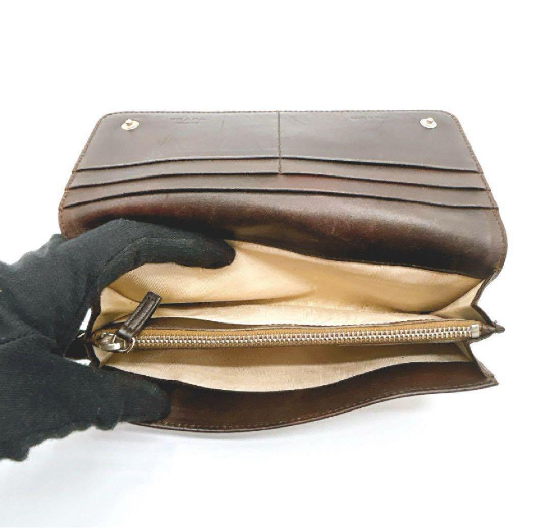 【極美品・箱付き】PRADA 長財布 キャンバス×レザーブラウン系