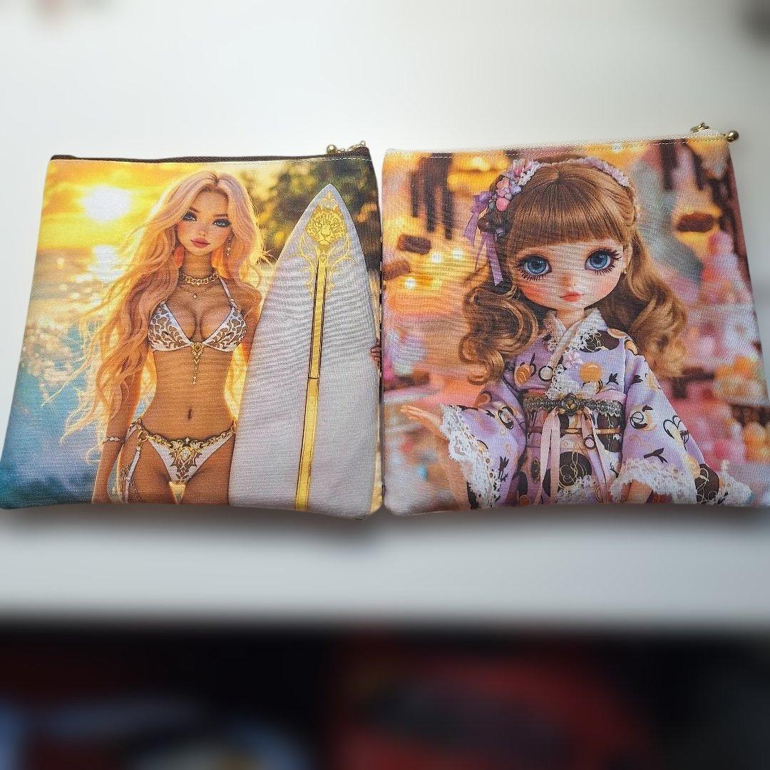 激レア女の子パネル生地　ハンドメイド　両面パネルフラットポーチ