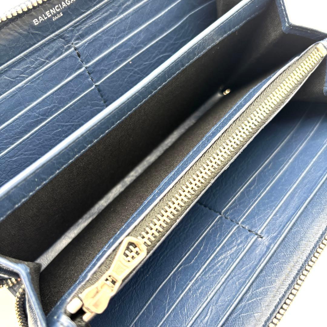 美品 バレンシアガ 長財布 ラウンドファスナー シワ加工 レザー ネイビー
