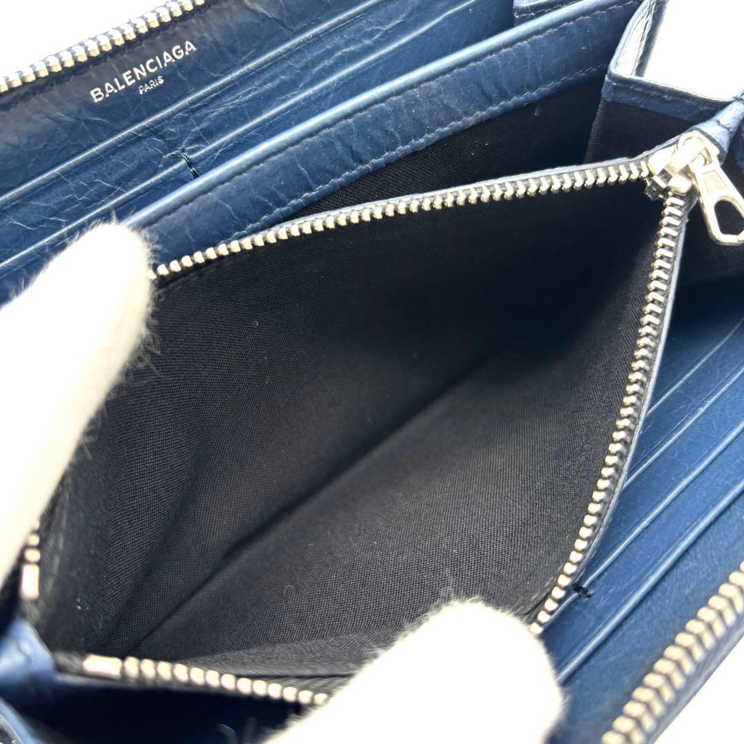 美品 バレンシアガ 長財布 ラウンドファスナー シワ加工 レザー ネイビー