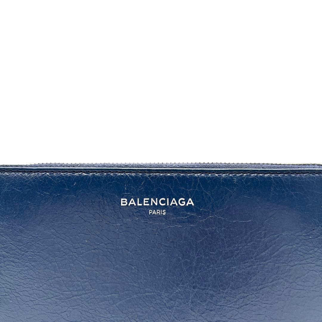 美品 バレンシアガ 長財布 ラウンドファスナー シワ加工 レザー ネイビー