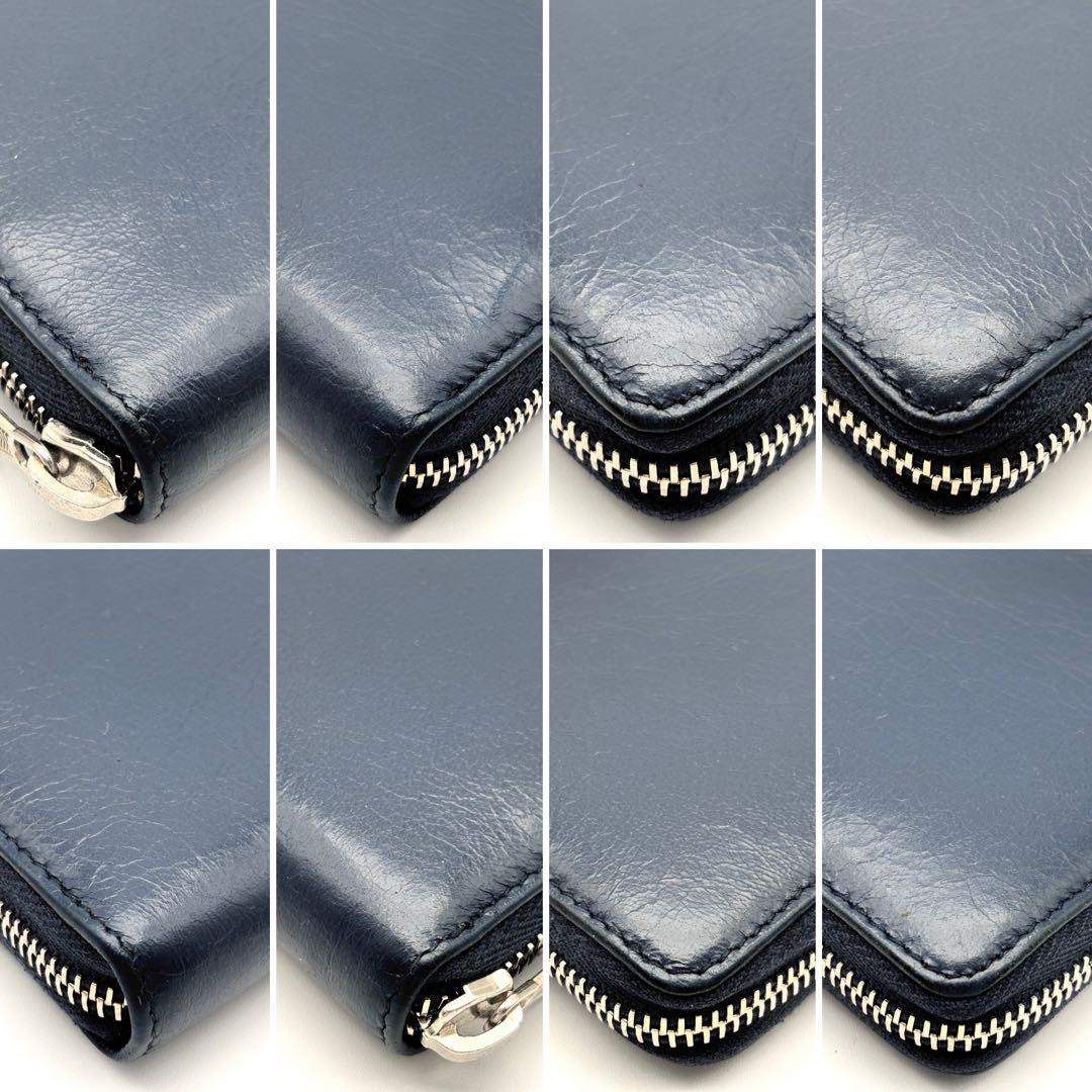 美品 バレンシアガ 長財布 ラウンドファスナー シワ加工 レザー ネイビー