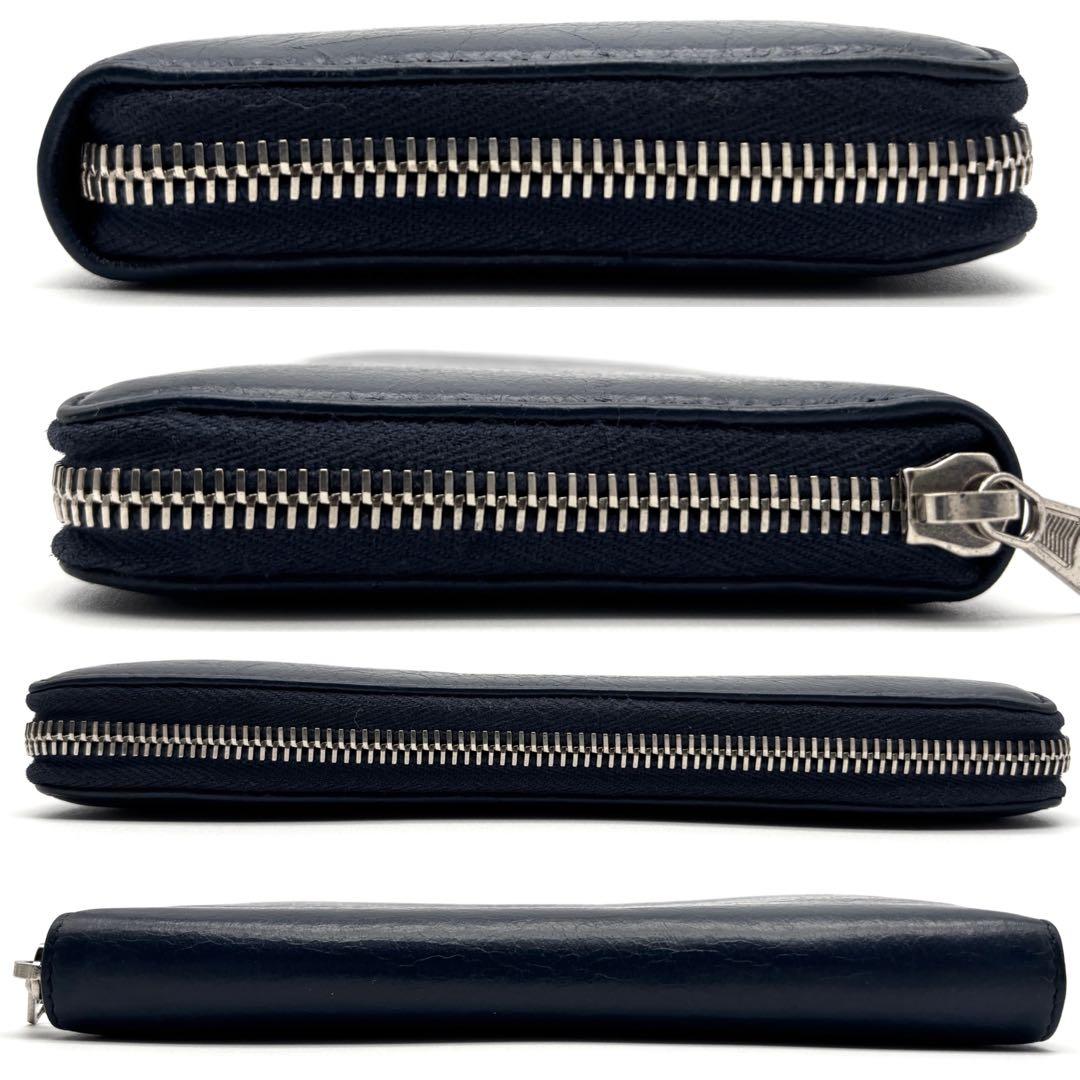 美品 バレンシアガ 長財布 ラウンドファスナー シワ加工 レザー ネイビー