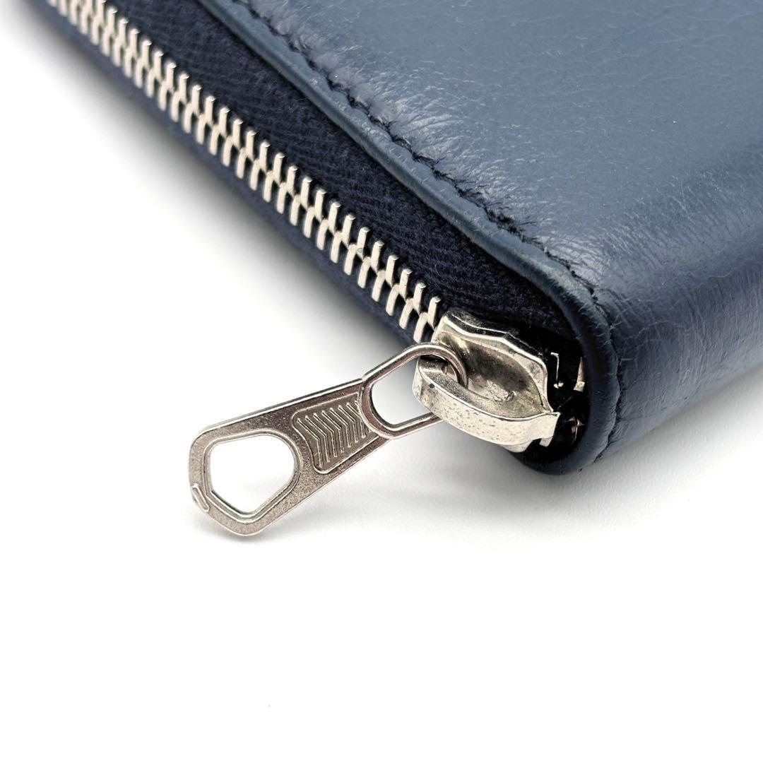 美品 バレンシアガ 長財布 ラウンドファスナー シワ加工 レザー ネイビー