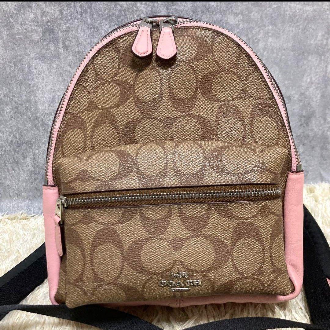 【送料込】コーチ リュック レザー ブラウン ピンク 500ml収納可
