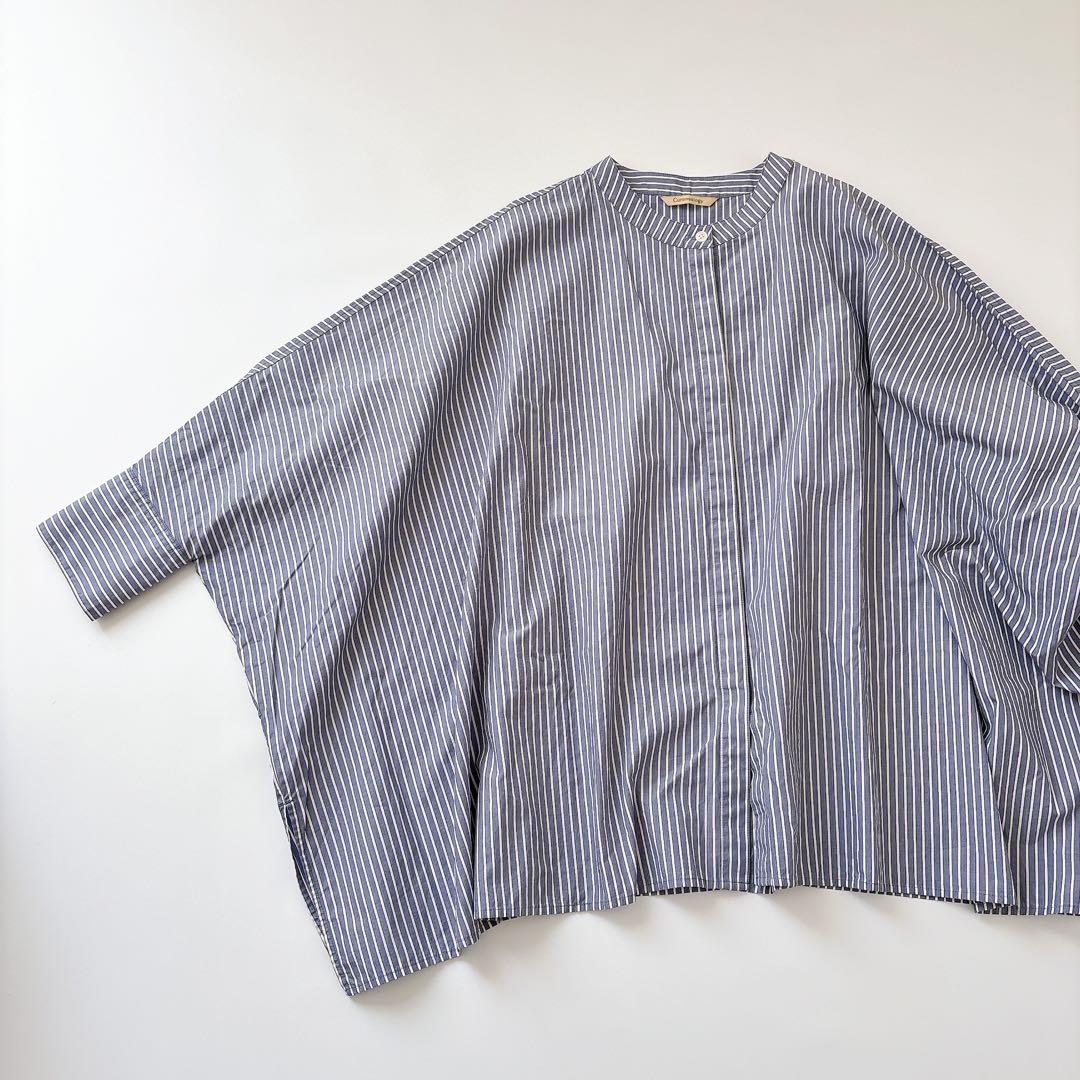 美品　カレンソロジー　オーバーサイズ　シャツブラウス　青×白　バンドカラー　F