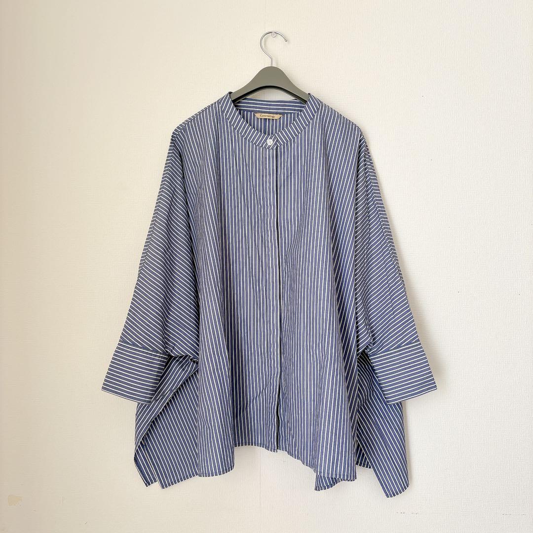 美品　カレンソロジー　オーバーサイズ　シャツブラウス　青×白　バンドカラー　F