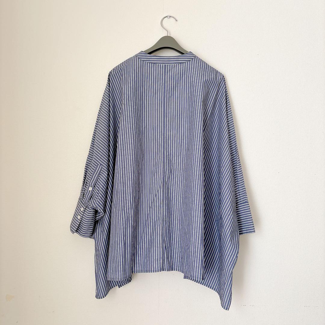 美品　カレンソロジー　オーバーサイズ　シャツブラウス　青×白　バンドカラー　F