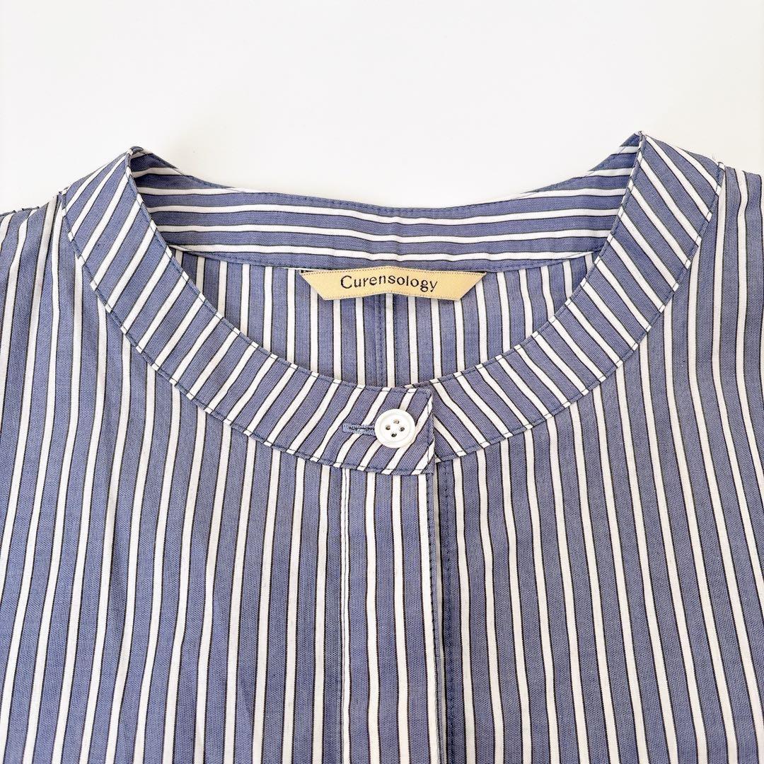 美品　カレンソロジー　オーバーサイズ　シャツブラウス　青×白　バンドカラー　F