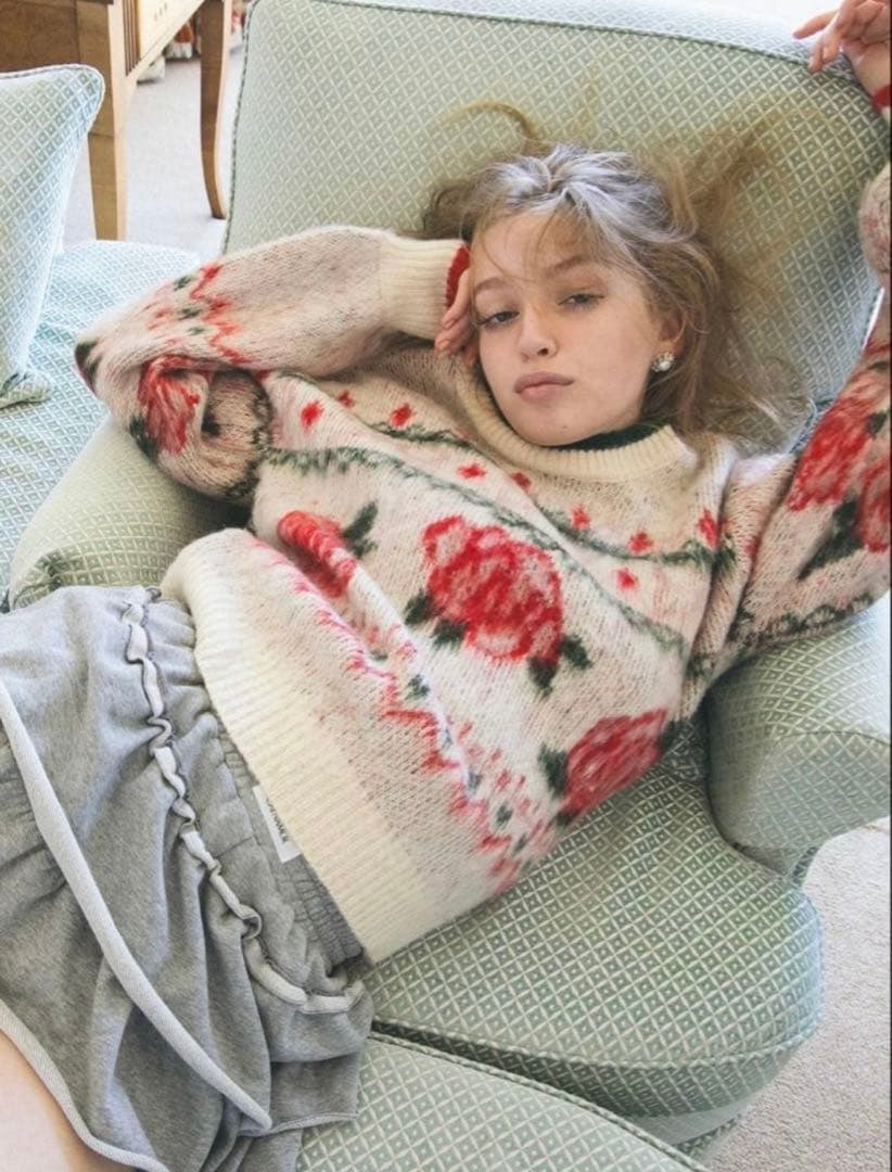 CALNAMUR ローズ＆リボンジャガードニット ホワイト / FREE