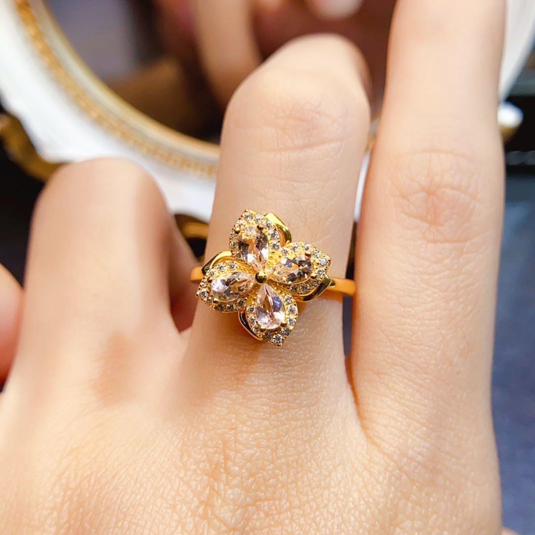 天然モルガナイト 淡いピンク 四つ葉モチーフ 回転 S925銀18KGP リング