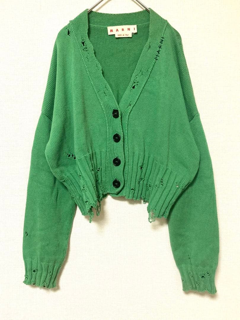 マルニ　レディース　ダメージ　ロゴ　ニット　セーター　ショート丈　コットン
