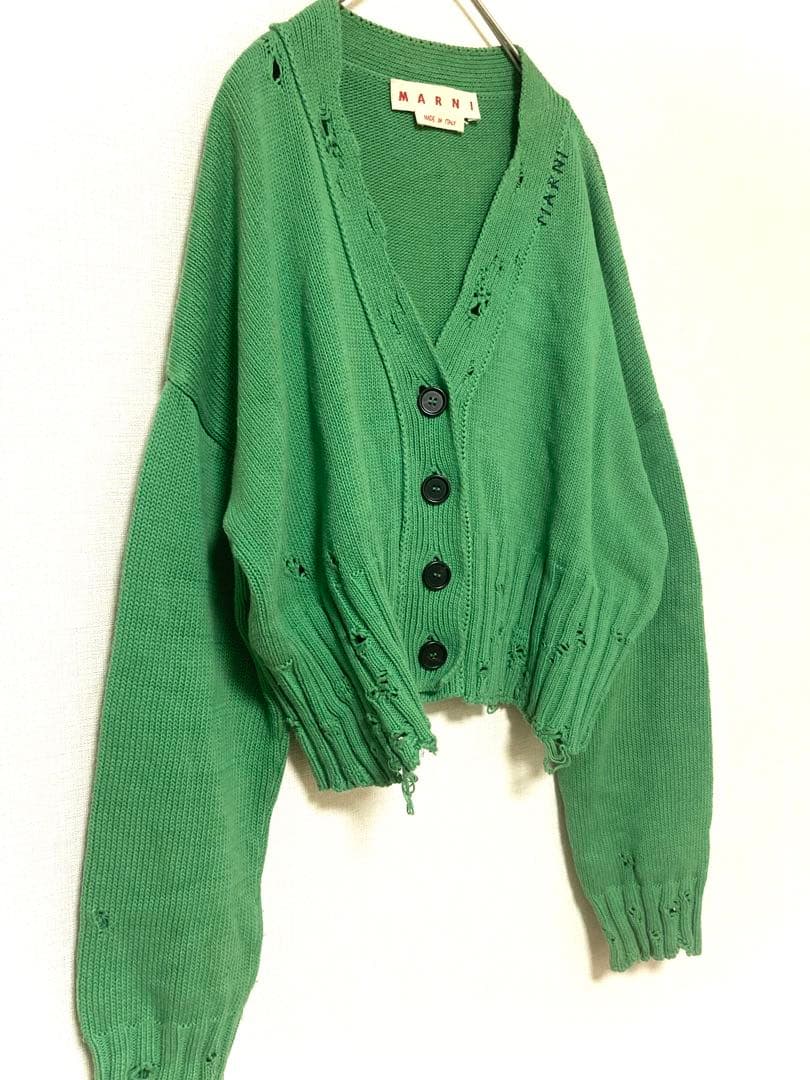 マルニ　レディース　ダメージ　ロゴ　ニット　セーター　ショート丈　コットン