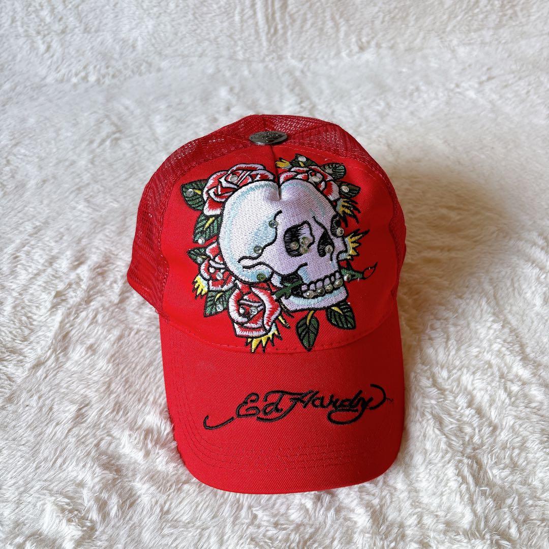 [超美品]ED Hardy スカル バラ刺繍 キャップ メッシュ レッド